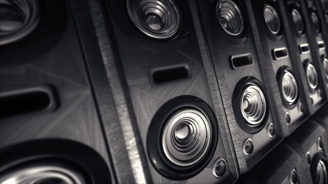 Dynamic Black Speakers with Metallic Accents Close Up on Intricate Design, Texture, and Technology for Immersive Audio Equipment Experience