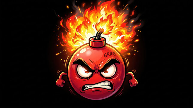 Animated Explosive Bomb Character With Angry Expression And Fire Flames