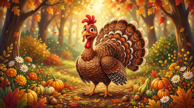 Animated Thanksgiving Turkey Walking Through Autumn Forest With Pumpkins and Fall Foliage