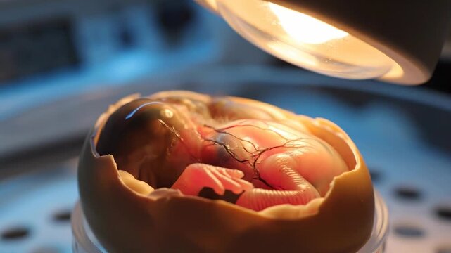 Observation of a chick embryo developing under a warmth lamp inside an eggshell in a laboratory setting