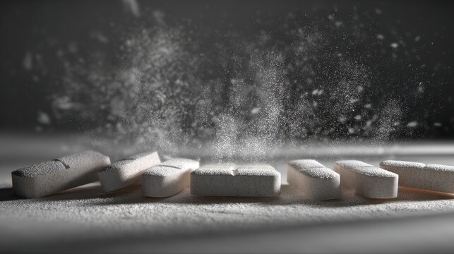 Close up of white effervescent tablets with powder burst and dust particles for pharmaceutical design, medical poster, packaging background