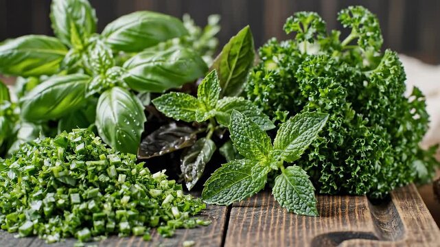 Chopped and whole fresh herbs including basil, mint, parsley, and chives arranged on a rustic wooden surface