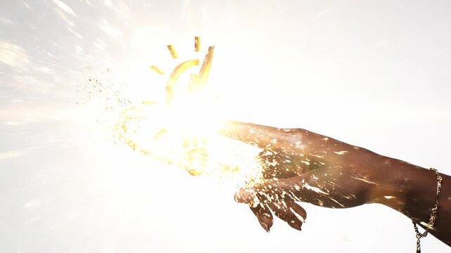 A close-up of a hand pointing at a glowing spark icon resembling a light bulb against a minimalist background, suggesting ideas and creativity