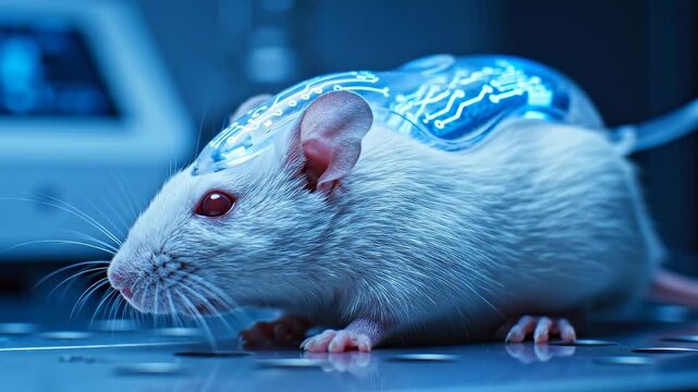 A close-up view of a white mouse with a transparent brainlike structure on its head, set against a blue glowing background, highlighting