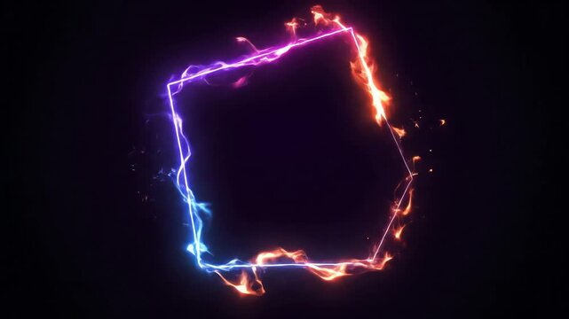 Vibrant colorful neon motion light trails form a geometric shape on a dark background with a sense of energy.