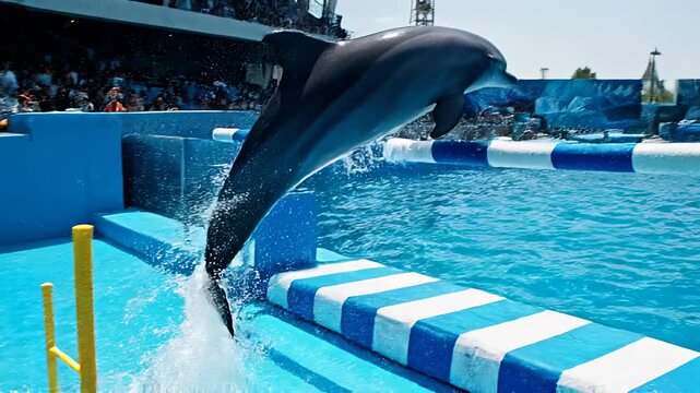 Dolphin jumping through a red hoop in a bright blue pool, creating splashes of water
