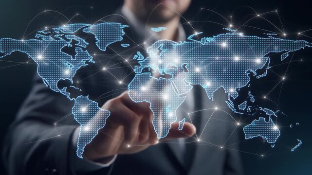 Businessman Interacting with a Global Digital Network Map.