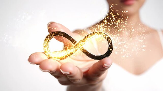A close-up of a hand holding a black infinity symbol, symbolizing limitless possibilities, against a clean, white backdrop