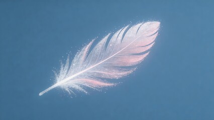 Fototapeta premium A delicate white feather with soft pink hues floating against a clear blue background