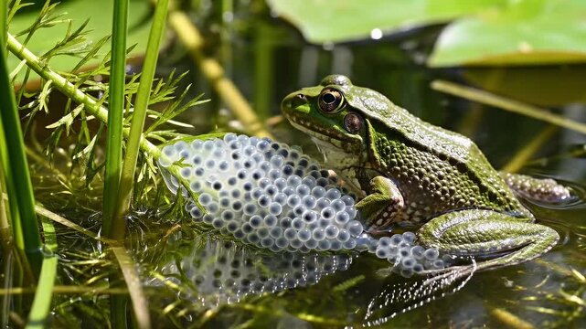 A majestic frog laying jelly eggs in a serene pond surrounded by lush green foliage and lily pads
