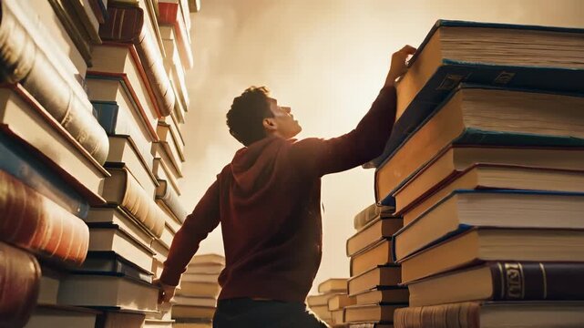 A person navigating through a towering stack of books under a warm, glowing light, symbolizing determination and the pursuit of knowledge