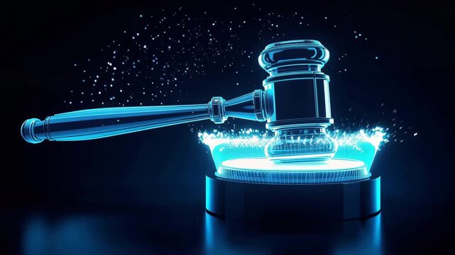 ネオン発光のAI木槌が暗い舞台で裁定を下すシネマ調表現