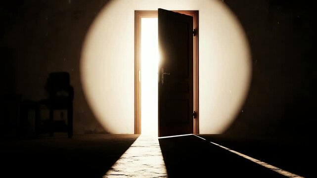 A mysterious open door illuminating a dark room, casting shadows on the floor, suggesting intrigue