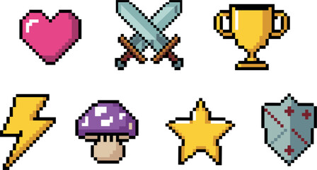 Retro pixel art game icon set, 8-bit style video game elements, including sword, heart, shield, and trophy © Sayed Creative