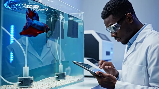 A scientist in protective eyewear analyzes data on a tablet beside an aquarium containing a colorful betta fish