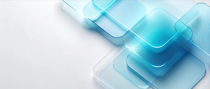 Abstract blue minimal background with glass rectangle geometry layer overlap transparent modern technology pattern clean gradient texture futuristic style calm mood design layout web banner copy space
