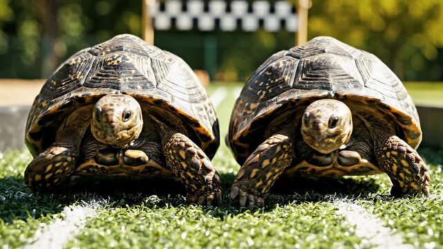 Two turtles racing side by side on a track with a finish line in the background, showcasing determination and competitive spirit