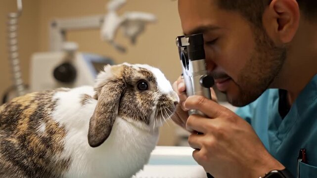 Veterinarian examining a rabbit's eyes with an otoscope in a clinical setting, showcasing care and tenderness in a well-lit room