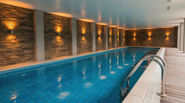 Luxurious indoor swimming pool with blue tiles and warm stone walls