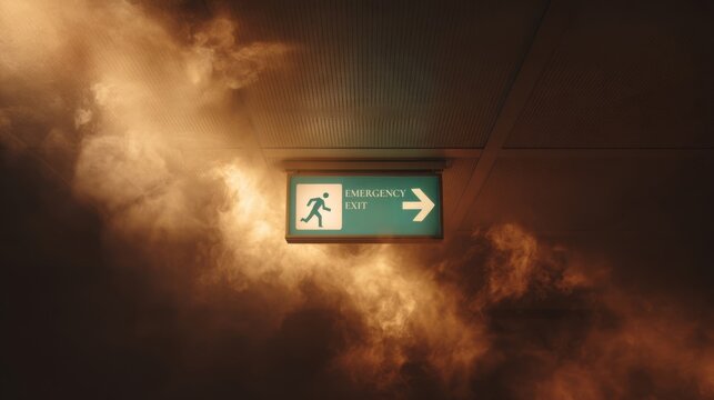 An exit sign is lit up, showing a running figure as it directs people to safety. Smoke surrounds the area, creating a sense of urgency and need to escape quickly