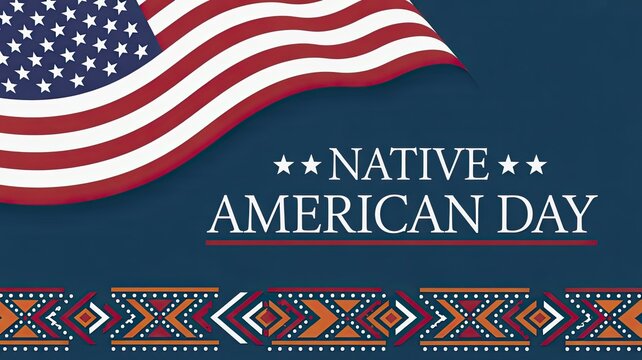 Native American Day celebration banner with American flag and tribal geometric pattern