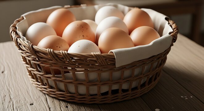 Collection of brown and white shelled ovoid foodstuffs rests inside a woven container on a wooden surface.
