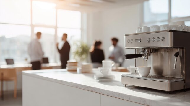 Espresso machine stands on a clean counter in an office break room. White coffee cups line the surface as coworkers chat in the background under warm sunlight