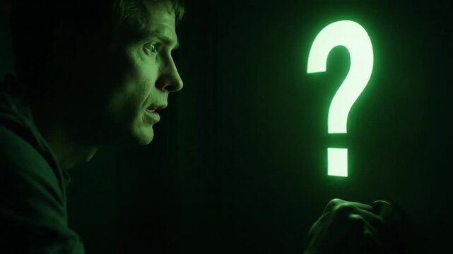 A man gazes intently at a large illuminated question mark on a dark background