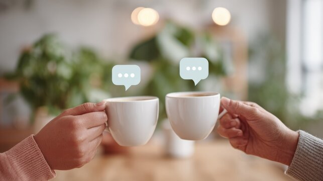 Two people are clinking white coffee cups together in a modern cafe. Chat bubble icons float above, showing a focus on conversation and connection. The setting has a soft, clean look