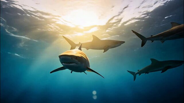 Group of Sharks Swimming in Blue Ocean with Sunlight Rays