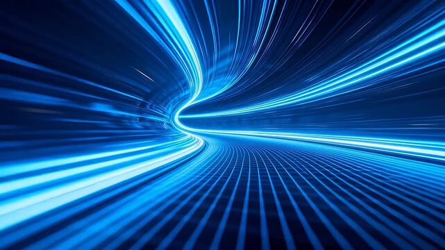 Blue digital tunnel with flowing light lines and grid floor