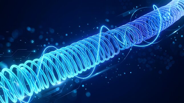 Long neon spring stretches across the frame in cool blue gradients. Futuristic helix line on dark blue background. Abstract 3d render illustration.