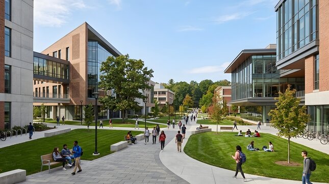 Modern University Campus Students Walking Outside
