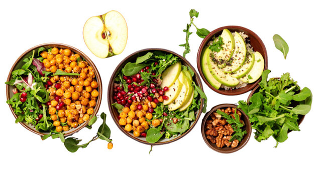 Healthy salad bowl collection with basic greens protein packed energy nut and fruit and full nutrition complete bowl options for balanced diet and wellness