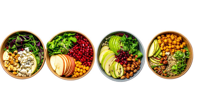 Healthy salad bowl collection with basic greens protein packed energy nut and fruit and full nutrition complete bowl options for balanced diet and wellness