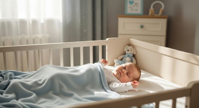 Sweet Slumber: A serene infant peacefully rests in a cozy crib, swathed in a soft blanket, bathed in the gentle light filtering through the window.