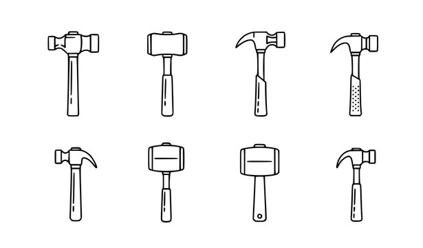 Hammer line art icon set vector outline construction tools illustration editable stroke design