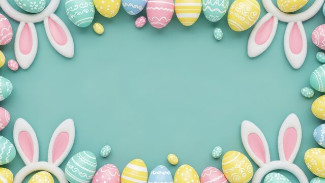 Easter bunny ears and colorful eggs on a teal background with a festive border design