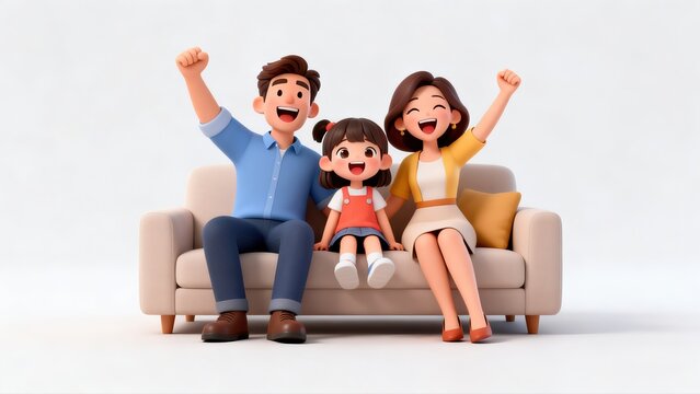 3D animated family of three sitting on a sofa, celebrating with raised arms