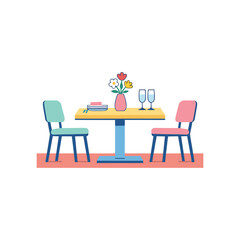 Fototapeta premium Illustration of a restaurant table with plates and glasses, minimalist 3D flat design, colorful vector