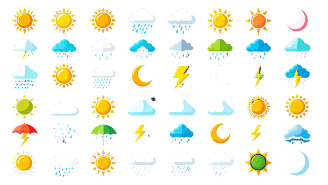 Colorful Weather Icons Set Representing Sun Clouds Rain Lightning Snow Storm Fog Tornado and Moon for Meteorological Forecast and Climate Climate Design
