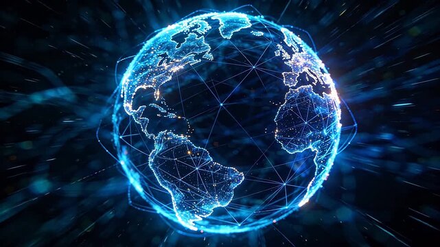 Digital earth model with blue network lines on dark background