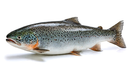 Obraz premium Fresh trout fish isolated on white background with silver scales and fins, raw healthy seafood catch from freshwater nature