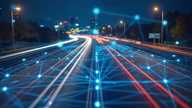 Glowing blue world map superimposed on a night highway with car light trails and city lights
