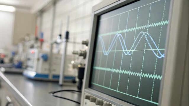 Oscilloscope screen displaying waveforms in a laboratory setting with scientific equipment blurred in the background.