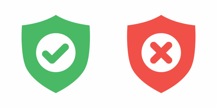 Check mark and cross on shield icon vector illustration for security protection approval and rejection concept
