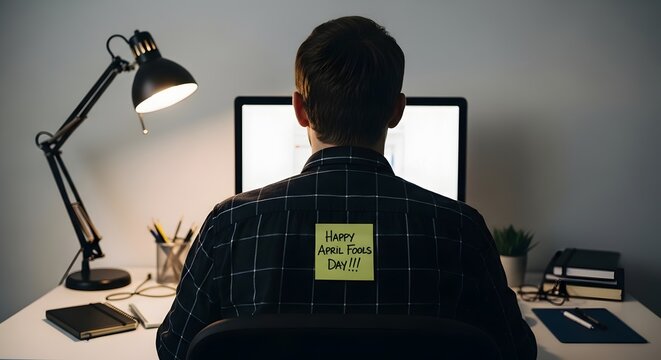 Man working late at computer desk with a yellow sticky note saying Happy April Fools Day stuck to his back