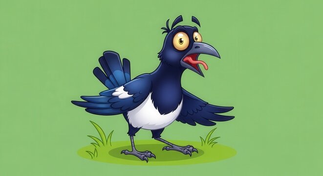 Cartoon Bird with Expressive Eyes and Combative Posture in Bright Green Background