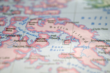 Naklejka premium Hall Beach Nunavut Canada Location on World Map with Defocused Geography Background