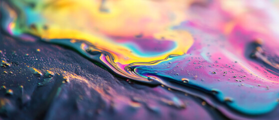 Fototapeta premium Vibrant macro photograph of an iridescent oil slick, featuring swirling patterns of yellow, pink, blue, and purple hues on a dark surface